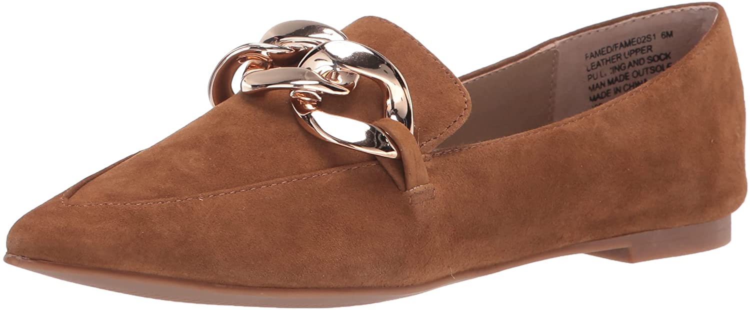 Steve Madden Famed Flourish Cognac Suede Flat Slip On Pointed Toe Detailed Loafers (Cognac Suede, 8.5)